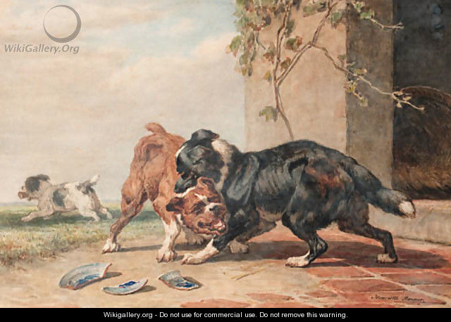 Twee honden vechten om een been, de derde loopt er mee heen - Henriette Ronner-Knip