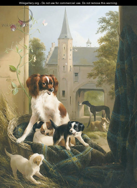 A mother and her litter in a castle court yard - Henriette Ronner-Knip