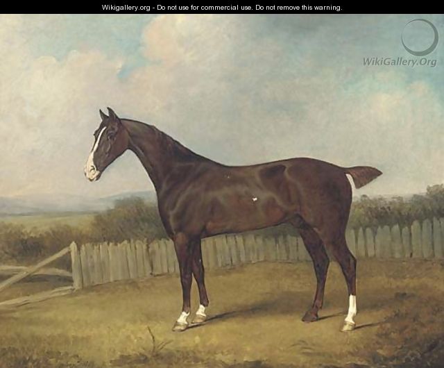 A dark brown horse in a landscape - Henry Bernard Chalon