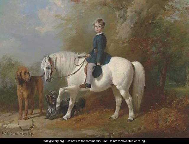 Master Beresford Lowndes on his pony with two dogs at the edge of a wood - Henry Barraud