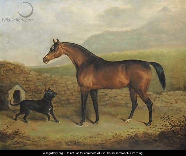 The Sligo Waxy, a bay racehorse, with a Manchester terrier, in a field - Henry Bernard Chalon