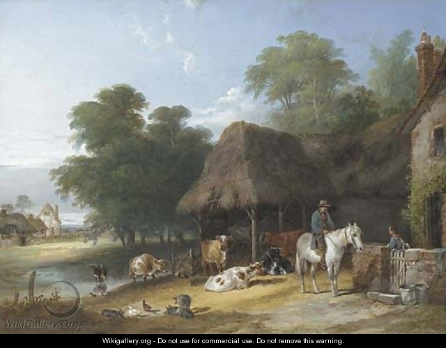 Figures and livestock by a riverside farmhouse - Charles and Henry Shayer