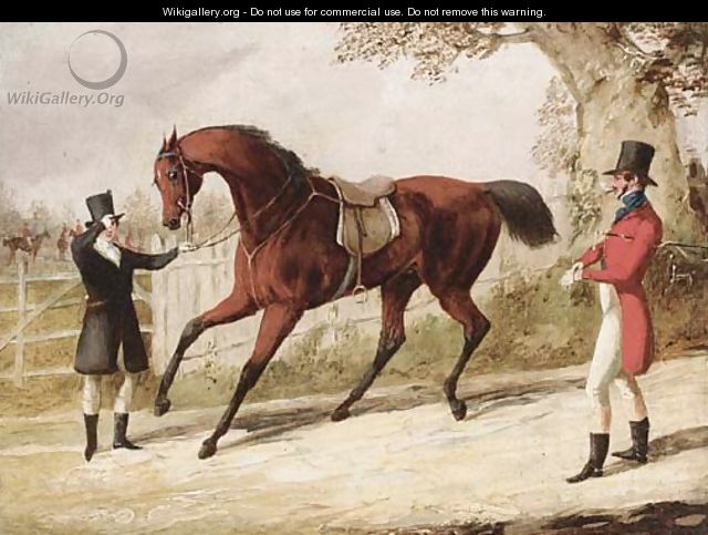 A huntsman and his groom with a saddled bay hunter, the meet beyond - Henry Thomas Alken