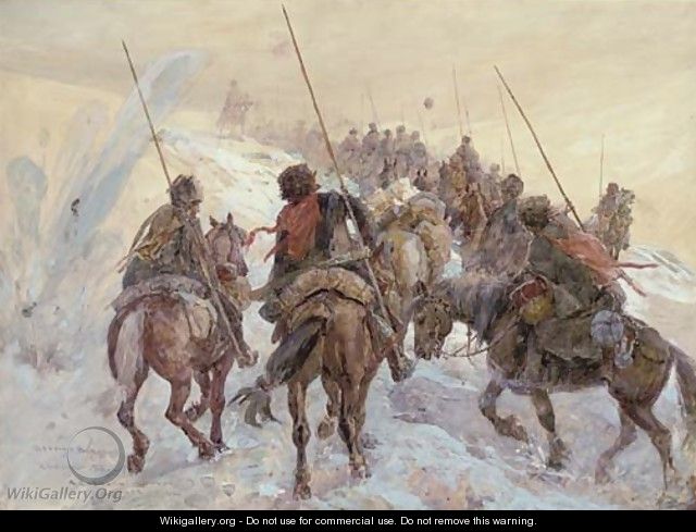 The Russian Front, a Cossack convoy under fire - Henry Charles Seppings Wright