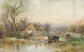 Horses pulling cart watering in a river by a rural village - Henry Charles Fox