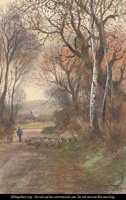 A shepherd and his flock wandering down a rural lane - Henry Charles Fox