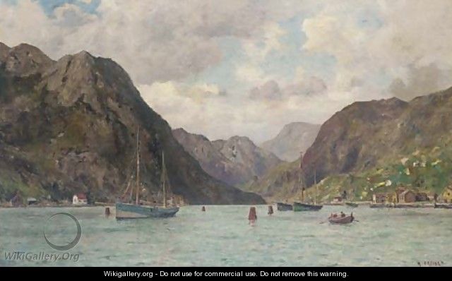Fishing boats lying on their moorings in a Norwegian fjord - Henry Enfield