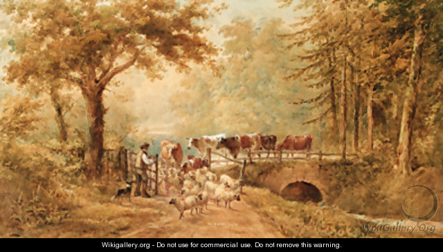 A shepherd driving cattle and sheep over a bridge in a wooded landscape - Henry Earp