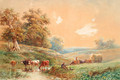 Figures with a horse and cart and cattle watering by a stream - Henry Earp