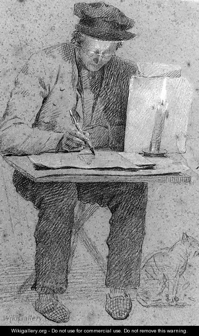 The artist seated at a drawing table lit by a candle, a cat under the table - Henri de Braekeleer