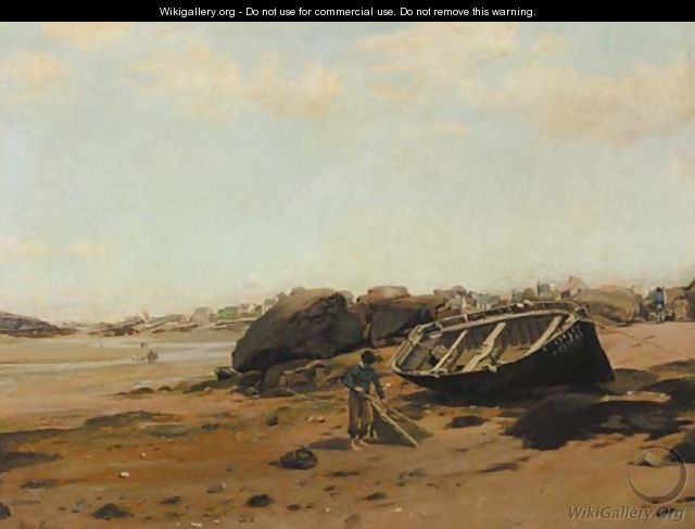A French coastal scene with fishermen on the beach - Henri Louis Saintin