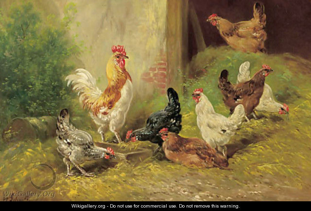 A cockerel and chickens in a farmyard - Henri Schouten