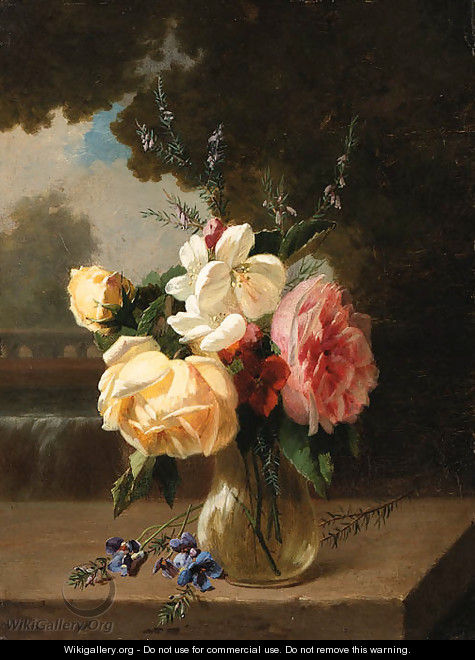 A vase of flowers on a stone ledge by a waterfall - Henri Robbe