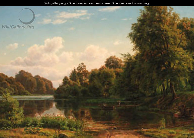 A wooded river landscape with a fisherman and figures by a landing stage - Carsten Henrichsen