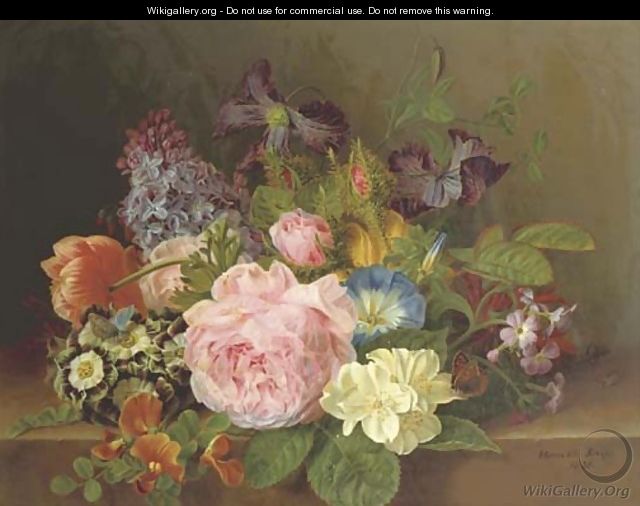Mixed flowers on a ledge - Henriette Gertruide Knip