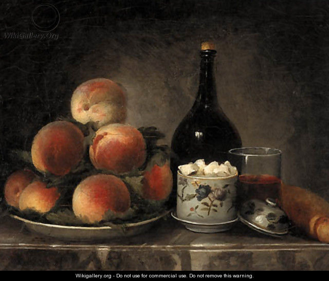 Peaches on a Plate, a Sugar Bowl, a Glass of Wine, a Bottle and a Baguette on a marble Ledge - Henri-Horace Roland de la Porte