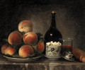 Peaches on a Plate, a Sugar Bowl, a Glass of Wine, a Bottle and a Baguette on a marble Ledge - Henri-Horace Roland de la Porte