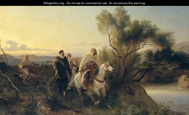 Arab horsemen fording a stream - Felix Philippoteaux