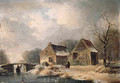 A wooded winter landscape with peasants walking along a frozen waterway by a cottage - Hendrik Manfred Haus