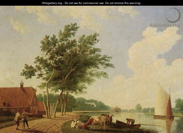 A farm by a river with cattle and peasants on a road - Hendrik Keun