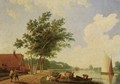 A farm by a river with cattle and peasants on a road - Hendrik Keun