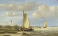 Sailing barges on a river; Vessels on a calm river - Hendrik Hulk