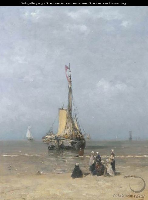 A Bomschuit in the breakers on a calm day - Hendrik Willem Mesdag