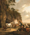 An Italianate Landscape with Travellers resting by a Grotto - Hendrick Verschuring