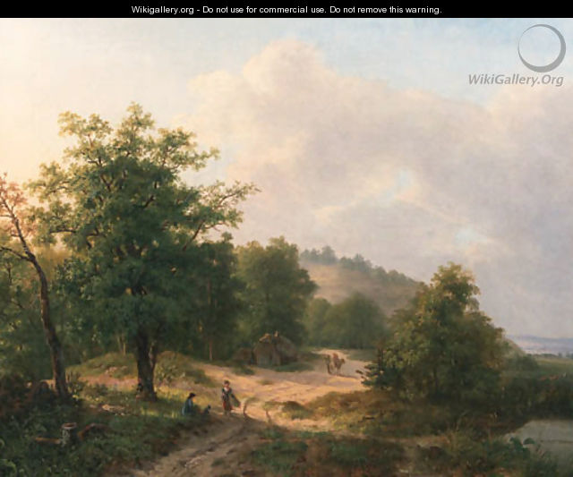 A mountainous wooded landscape with travellers conversing on a sandy track - Hendrik Verpoeken