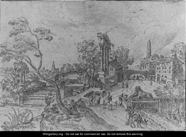 Travellers on a Road leading through a classical Town - Hendrick van Cleve