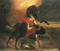 A turbanned soldier steadying a rearing horse frightened by a thunder storm - Henri Baudot