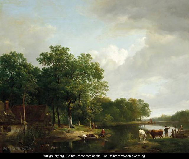 Summer idyl a riverlandscape in summer - Hendrikus van den Sande Bakhuyzen