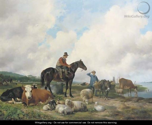 Oosterbeeks paard a farmer on horseback amongst his cattle - Hendrikus van den Sande Bakhuyzen