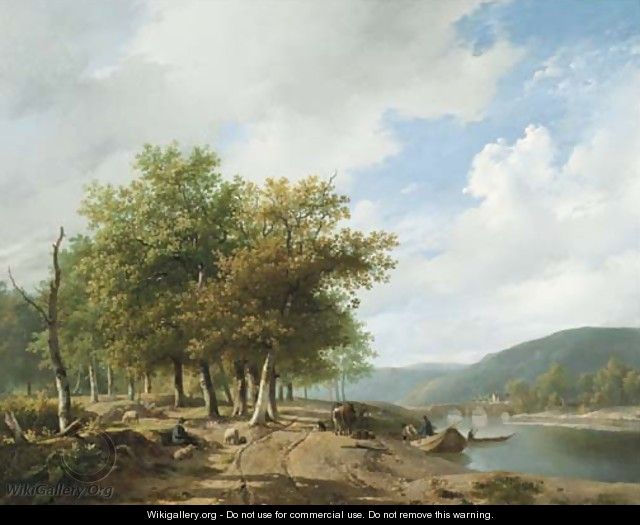Daily activities along a river in a hilly landscape - Hendrikus van den Sande Bakhuyzen