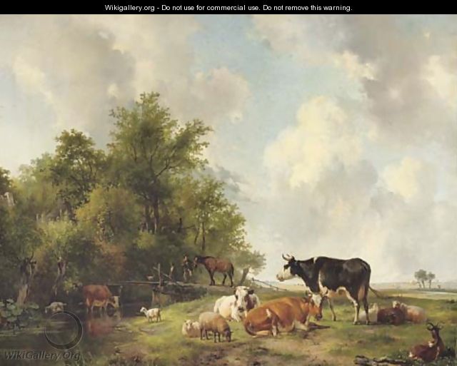 Cattle on the edge of a forest in an extensive sunlit landscape - Hendrikus van den Sande Bakhuyzen