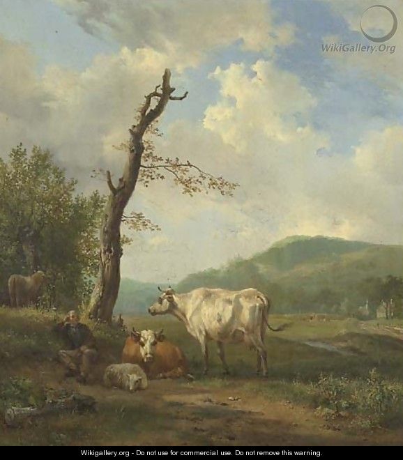 A hilly landscape with a shepherd and his flock resting by a tree - Hendrikus van den Sande Bakhuyzen