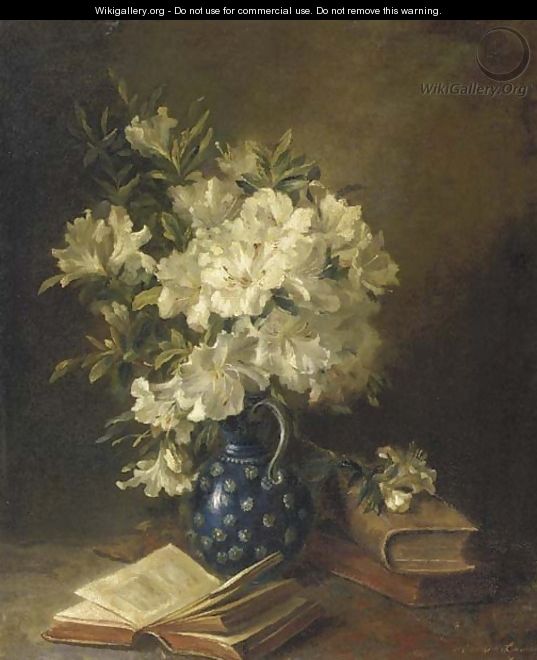 A still life with rhodondendrons in a jug and books - Hendrika Wilhelmina Van Der Kellen