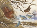 Red squirrels eating nuts on a snow covered branch before an audience of blue tits and a robin - Henry Bright