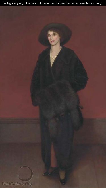 Portrait of a lady, full-length, in a black coat and fur muff - Harrington Bird
