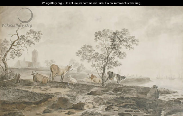 A river landscape with a herdsman resting and cows grazing near the banks, a church beyond - Hendrik Willem Schweickardt