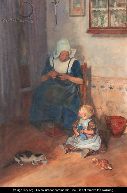 An interior scene with a woman knitting - Heinrich Martin Krabb