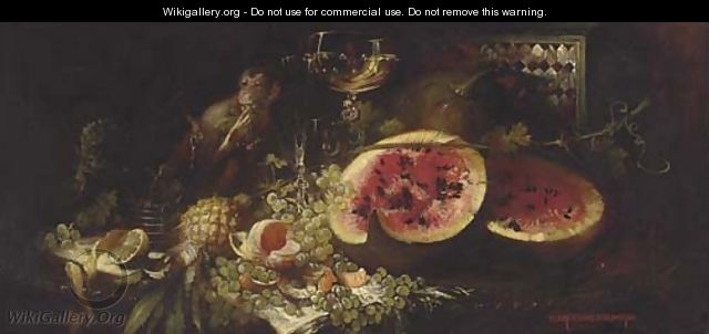 A Monkey at a table with fruit and wine - Hans Schlimarski