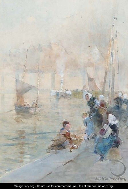 Fisherwomen with their children on the quayside - Hector Caffieri