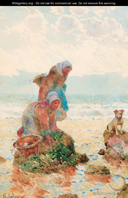 Figures on a beach gathering mussels with a dog - Hector Caffieri