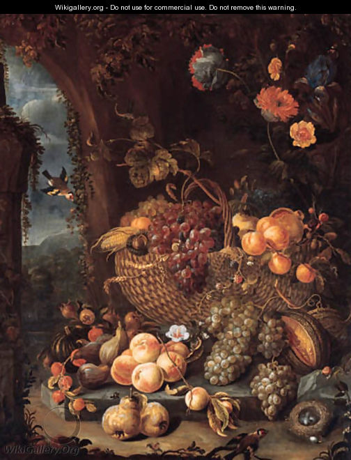 A basket of grapes and other fruit - Hendrick Schoock