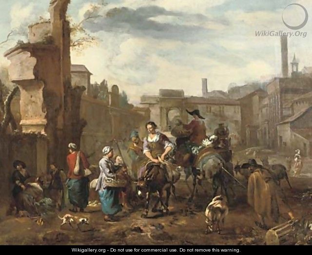 Marketeers on mules and other figures among ancient ruins in a town square - Hendrik Mommers