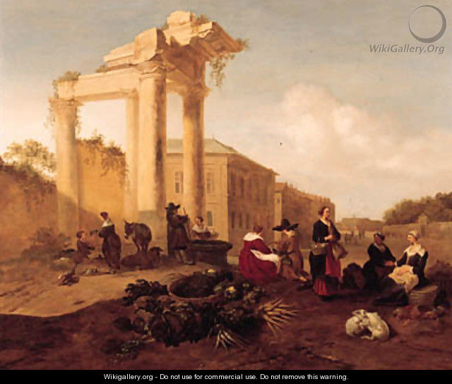 A market near a fountain by a classical ruin in an Italian piazza - Hendrik Mommers