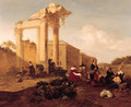 A market near a fountain by a classical ruin in an Italian piazza - Hendrik Mommers