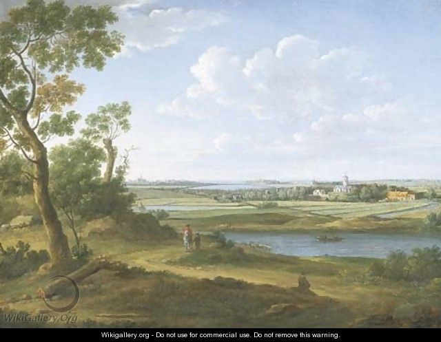An extensive river landscape with a horseman and his servant on a path, villages and a town beyond - Hendrik Frans Van Lint