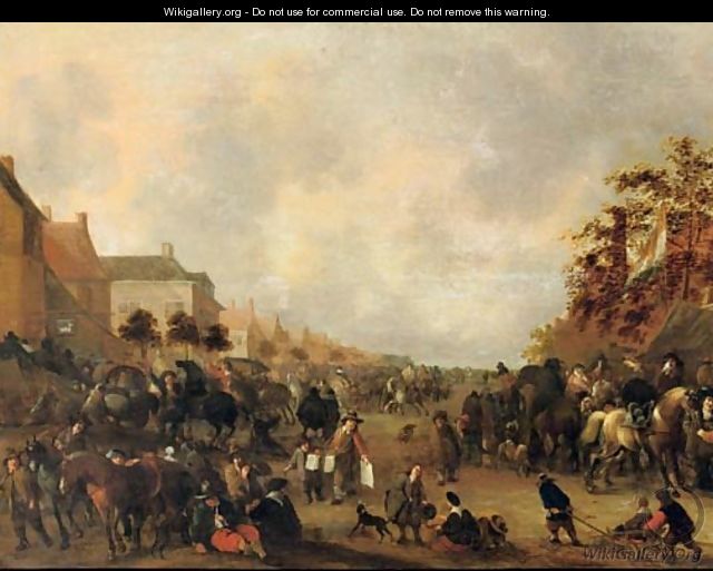 Horsemen, peasants and other figures in a busy village street - Hendrick De Meijer
